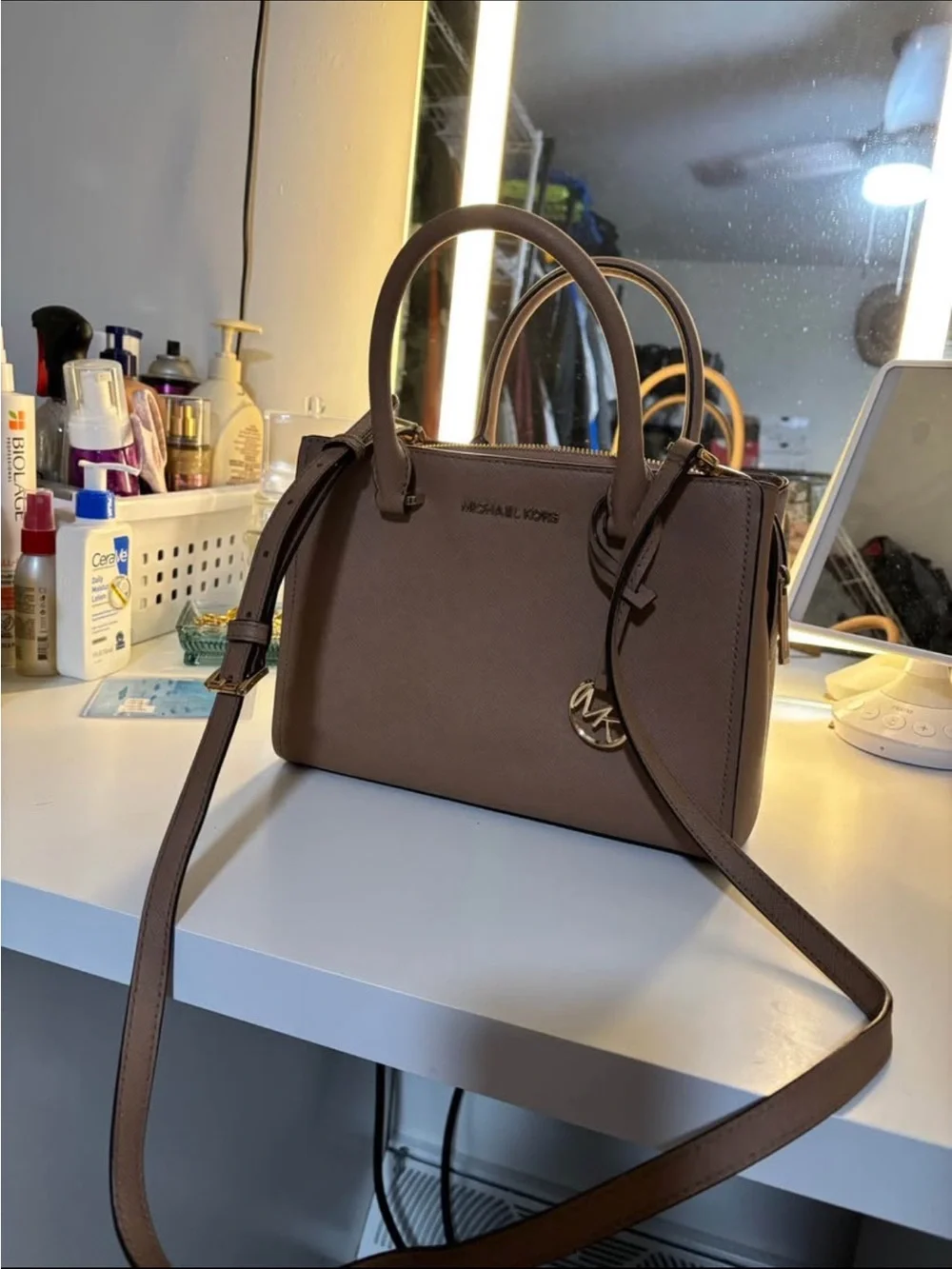 MICHAEL KORS Taupe Brown Saffiano Leather Satchel with MK Charm - Picture 4 of 4
